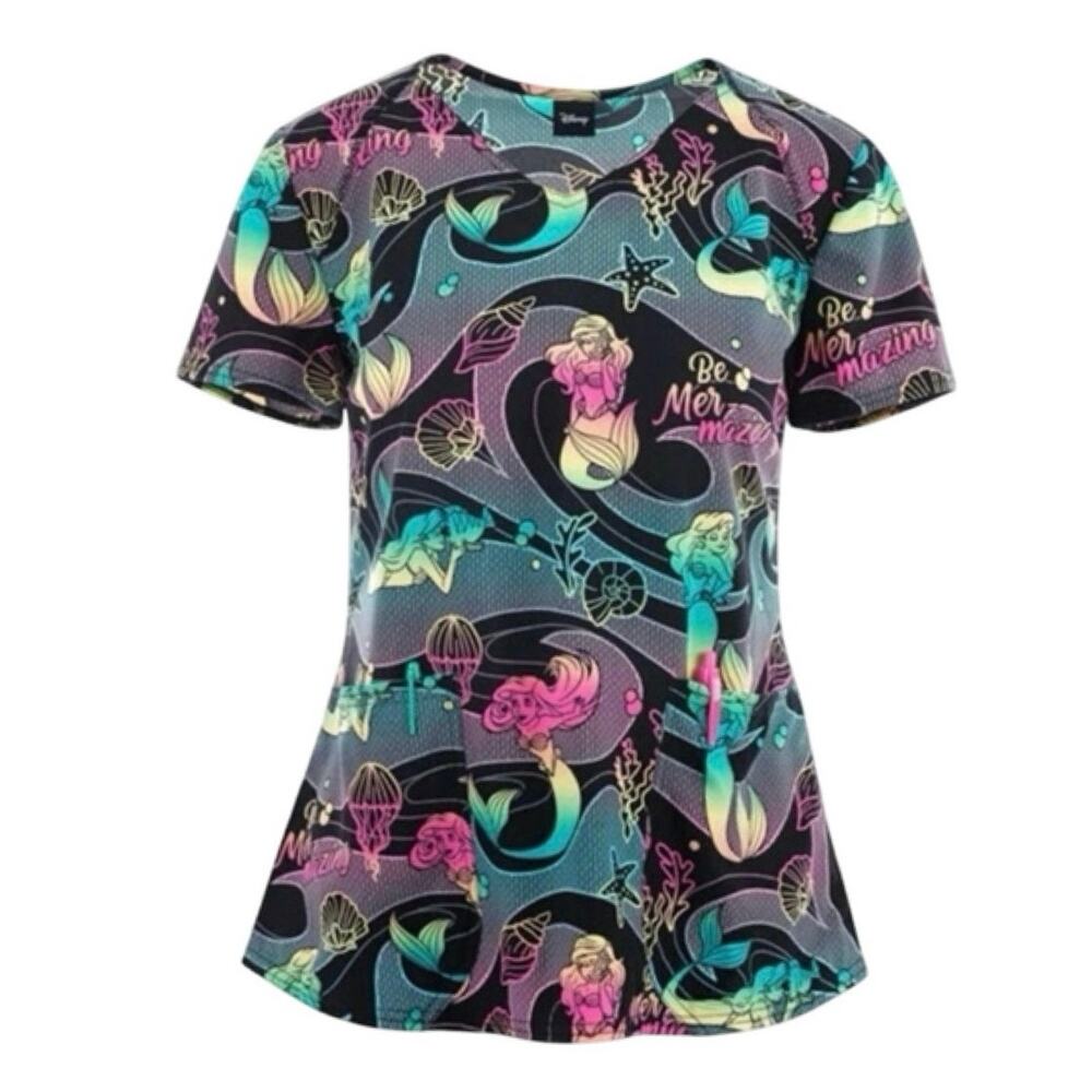 Disney Ariel Little Mermaid Women's 2-Pocket STRETCH V-Neck Scrub Top Small
